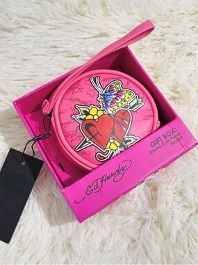NWOT Ed Hardy Hot Pink Round Wristlet Coin Purse with Tattoo Heart & Butterfly